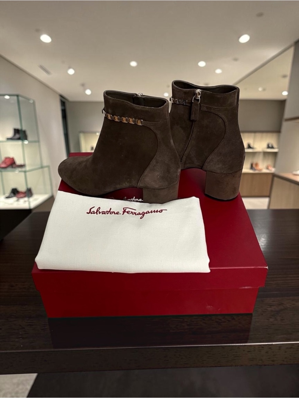 Salvatore Ferragamo Ghila Suede Brown Vara Chain Ankle Booties